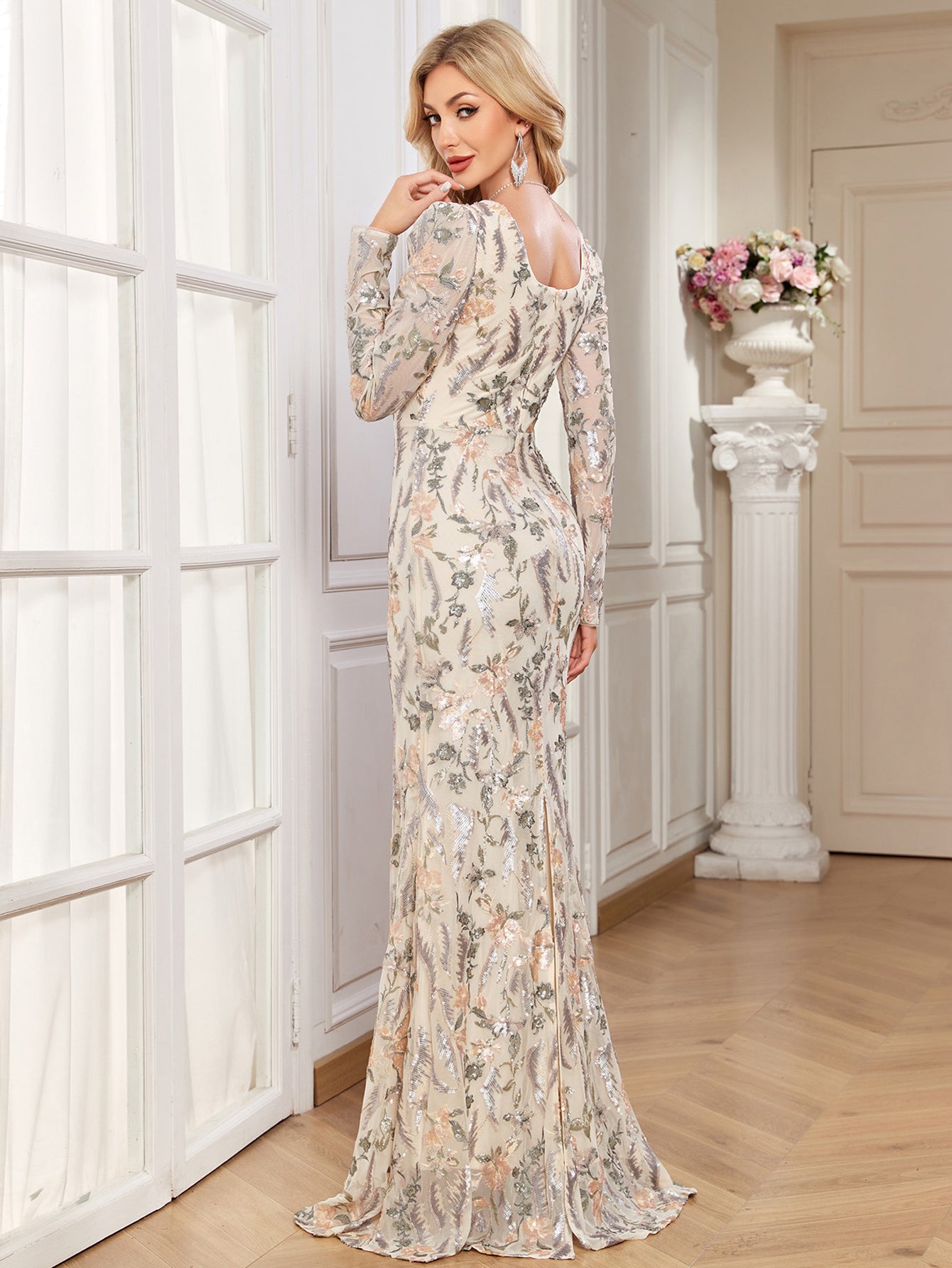 Cream Multi Floral Sequin Long Sleeve Mermaid Evening Gown