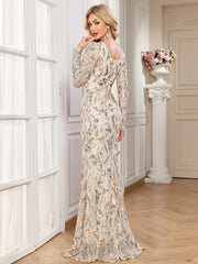 Cream Multi Floral Sequin Long Sleeve Mermaid Evening Gown