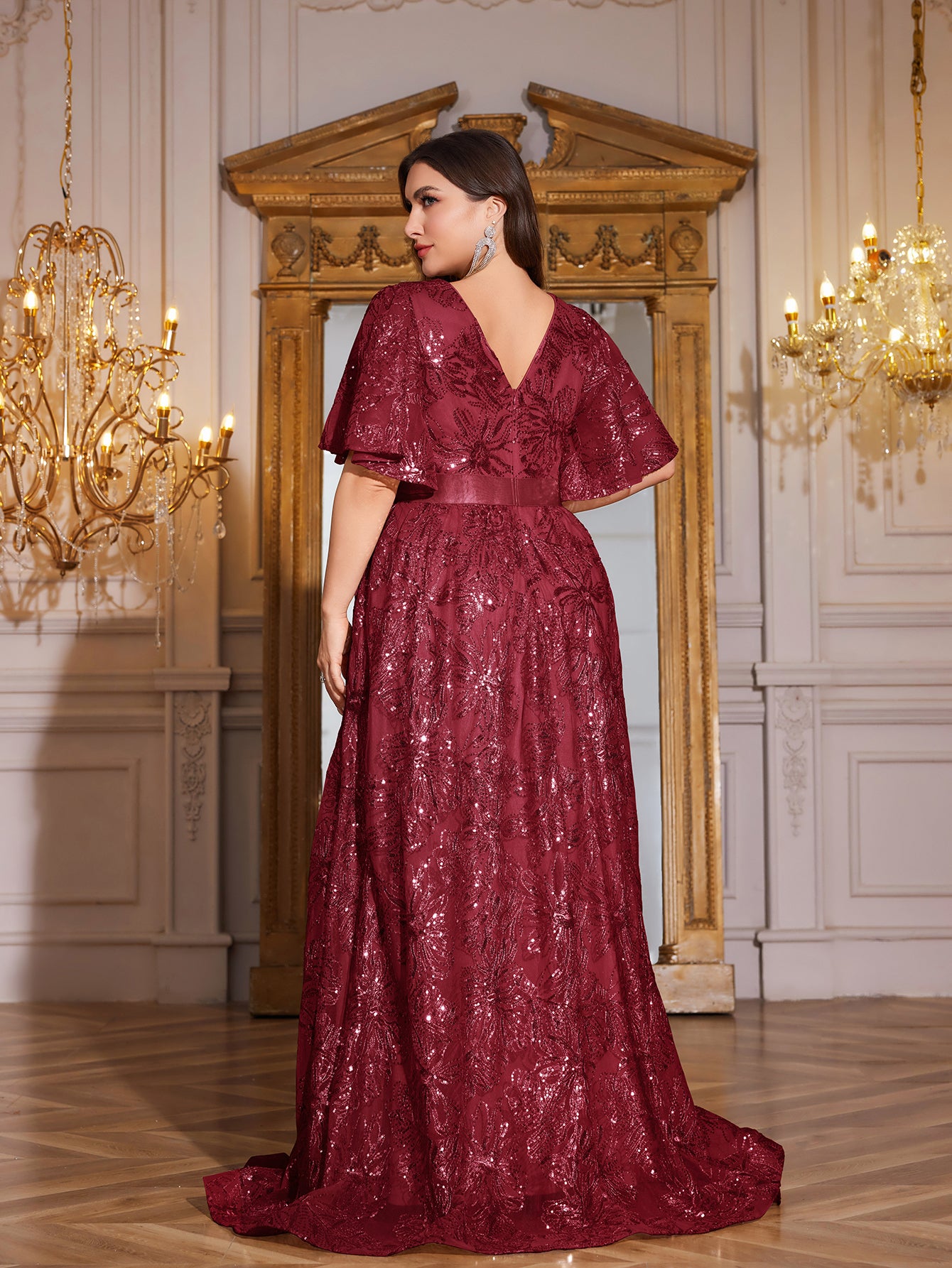 Rose Gold Sequin Flutter Sleeve Empire Waist A‑Line Plus Size Evening Gown