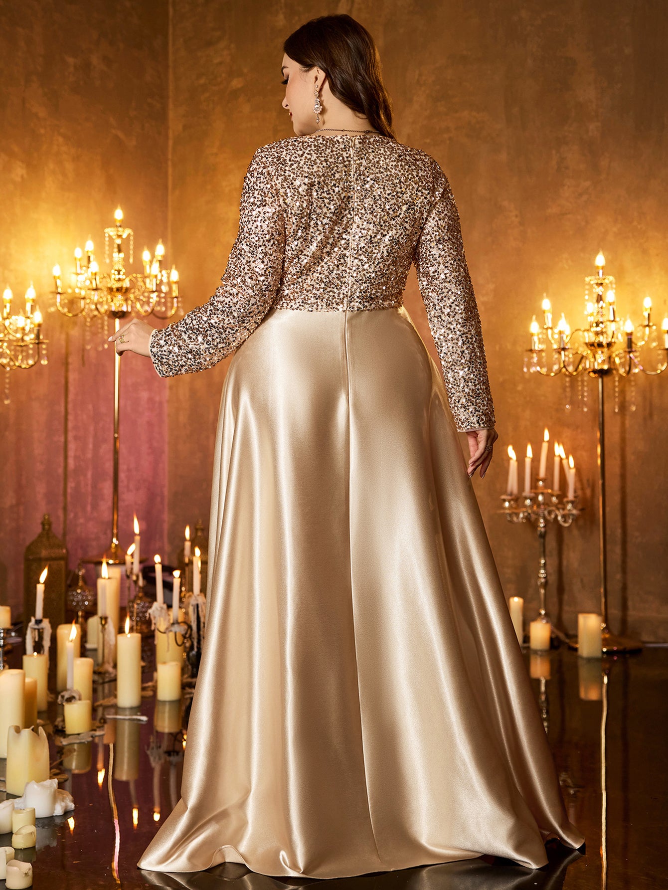 Champagne Silver Beaded High‑Waist A‑Line Plus Size Evening Gown