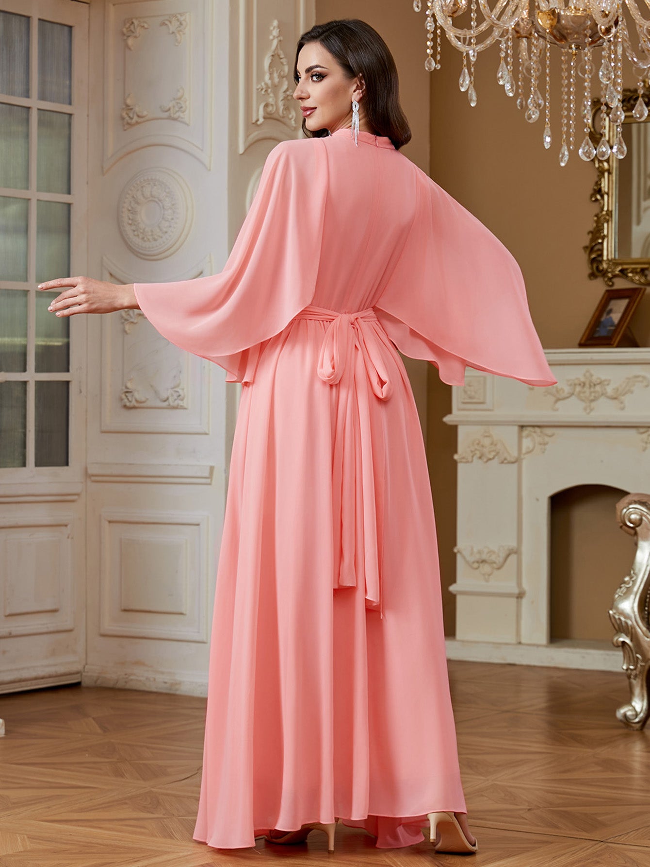Peach Pink Rhinestone High Neck Cape Sleeve A‑Line Gown