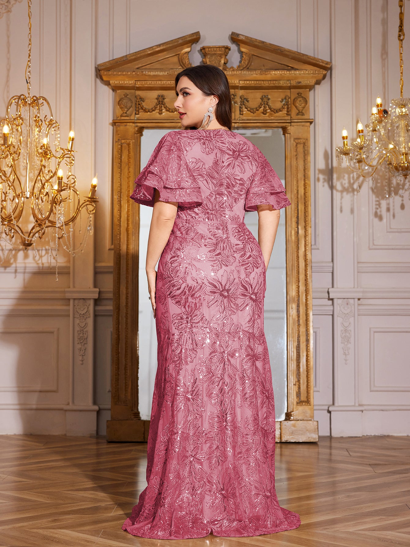 Rose Gold Sequin Ruffle Sleeve Mermaid Evening Gown