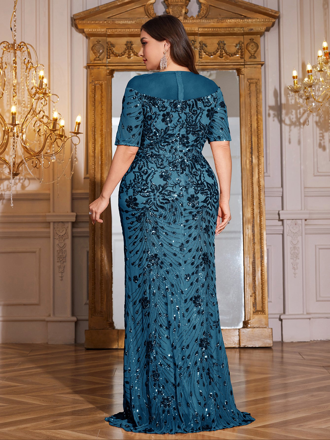 Teal Green Sequin Short Sleeve Mermaid Plus Size Evening Gown