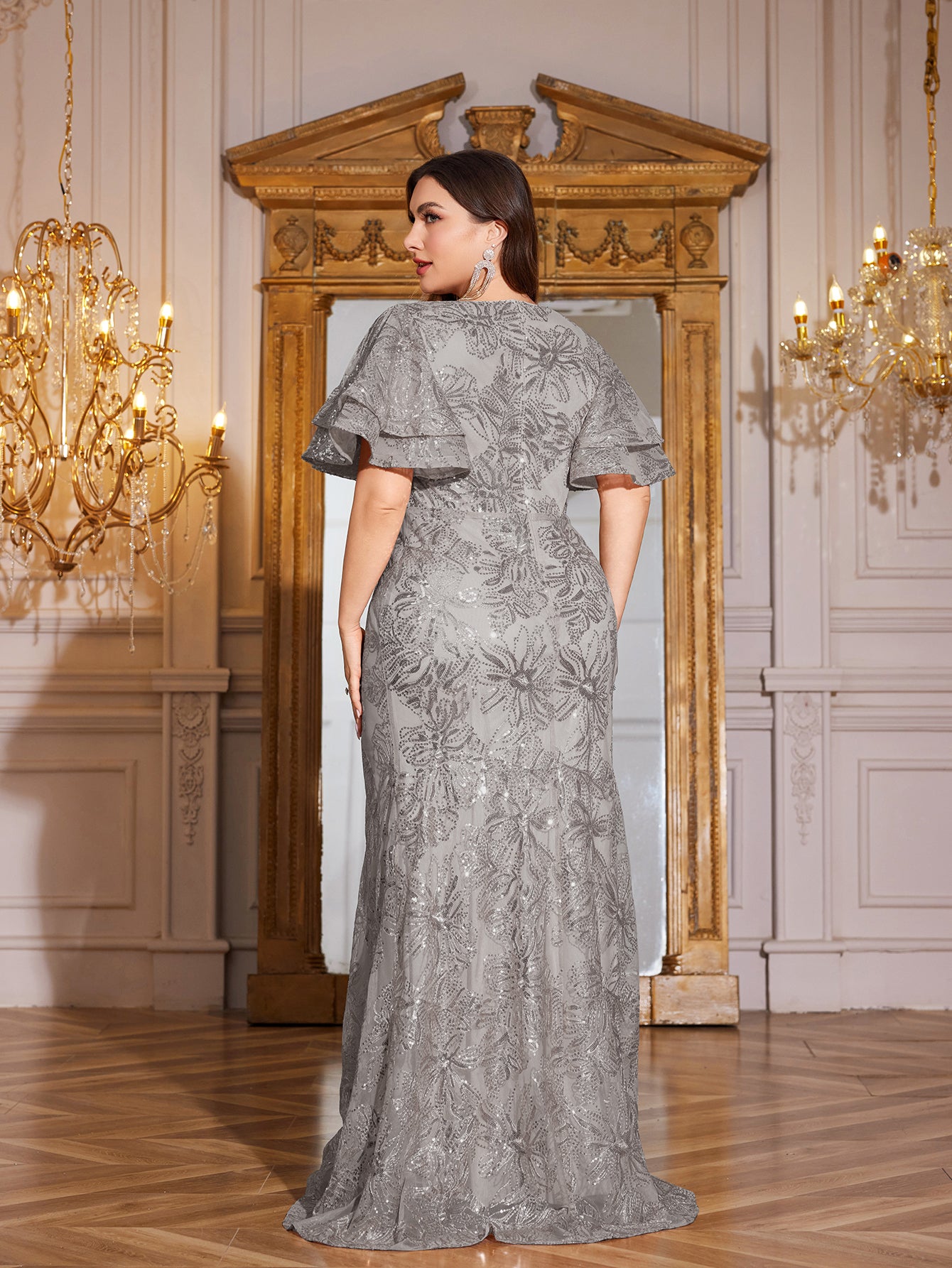 Rose Gold Sequin Ruffle Sleeve Mermaid Evening Gown