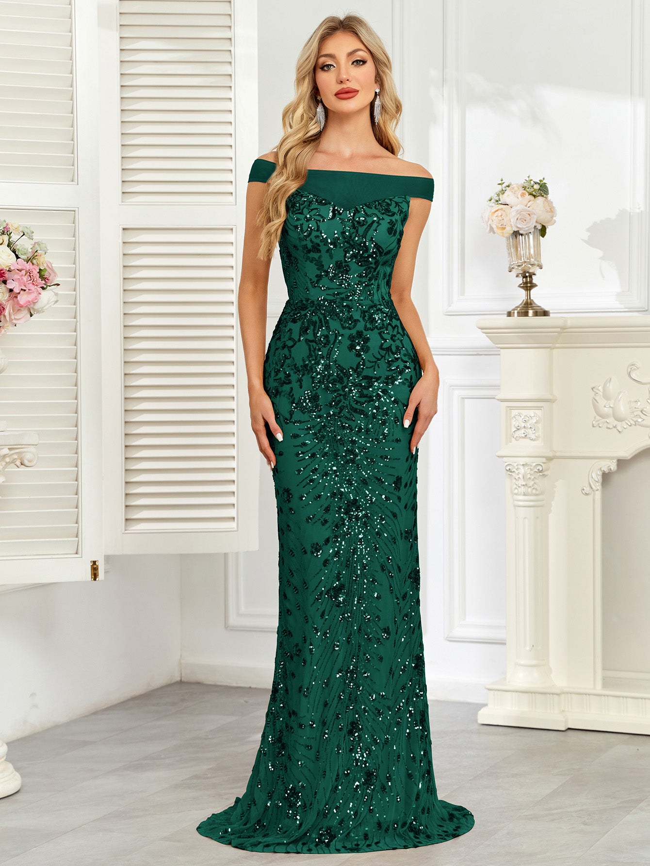 Royal Blue Sequin Off‑Shoulder Mermaid Evening Gown