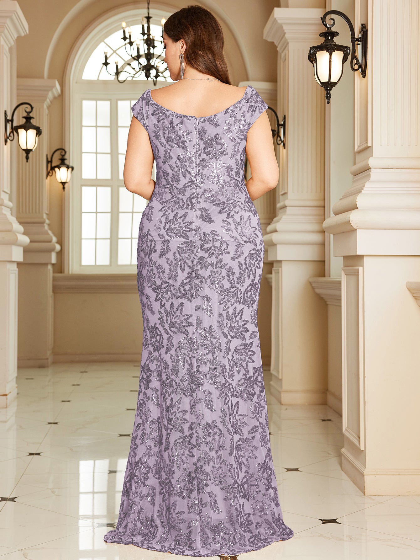 Navy Blue Floral Sequin Off‑Shoulder Sheath Maxi Gown