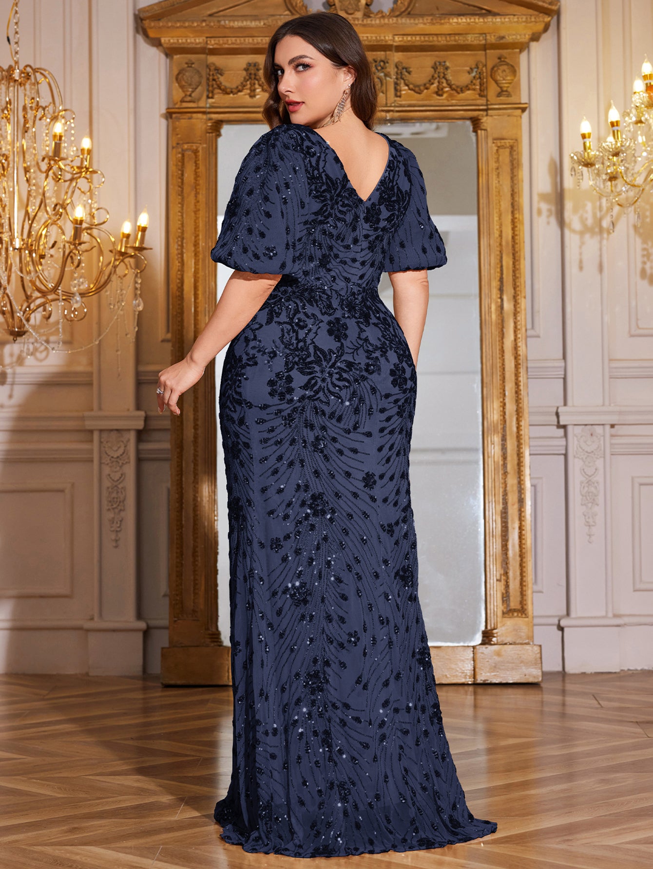 Navy Blue Sequin Puff Short Sleeve Mermaid Plus Size Evening Gown