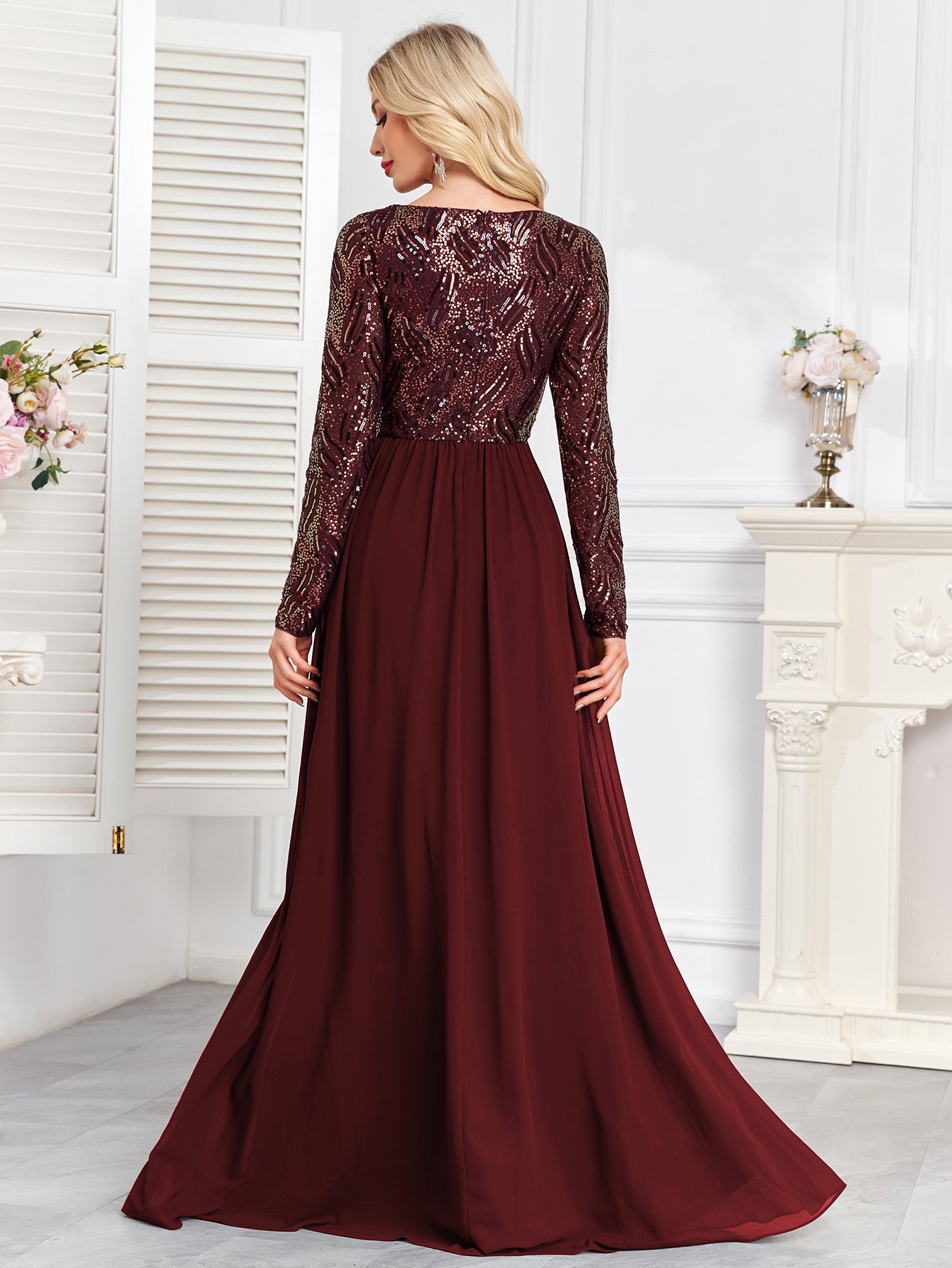 Navy Blue Multicolor Sequin Long Sleeve A‑Line Evening Gown