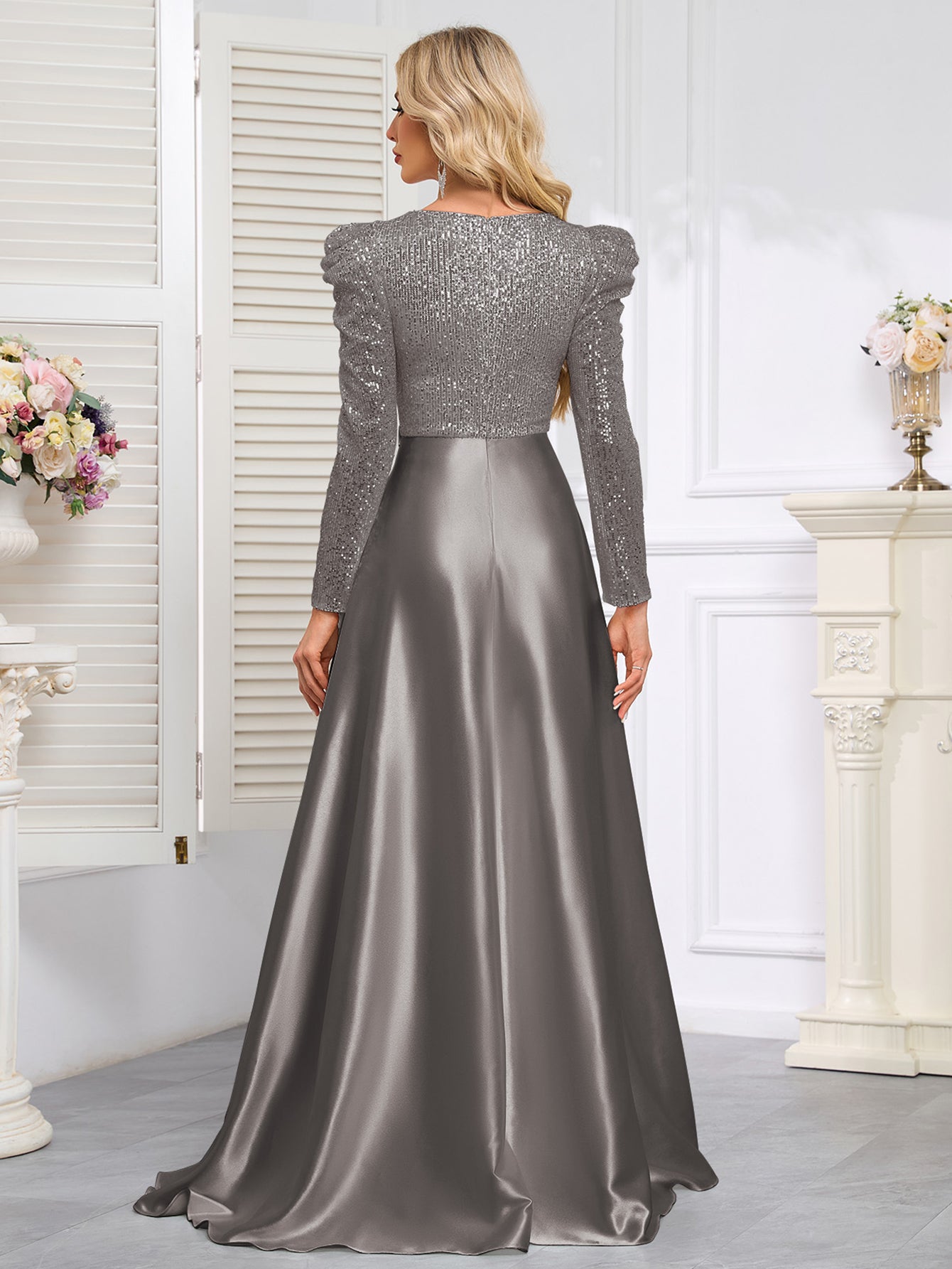 Dark Blue Satin Sequin Maxi Dress