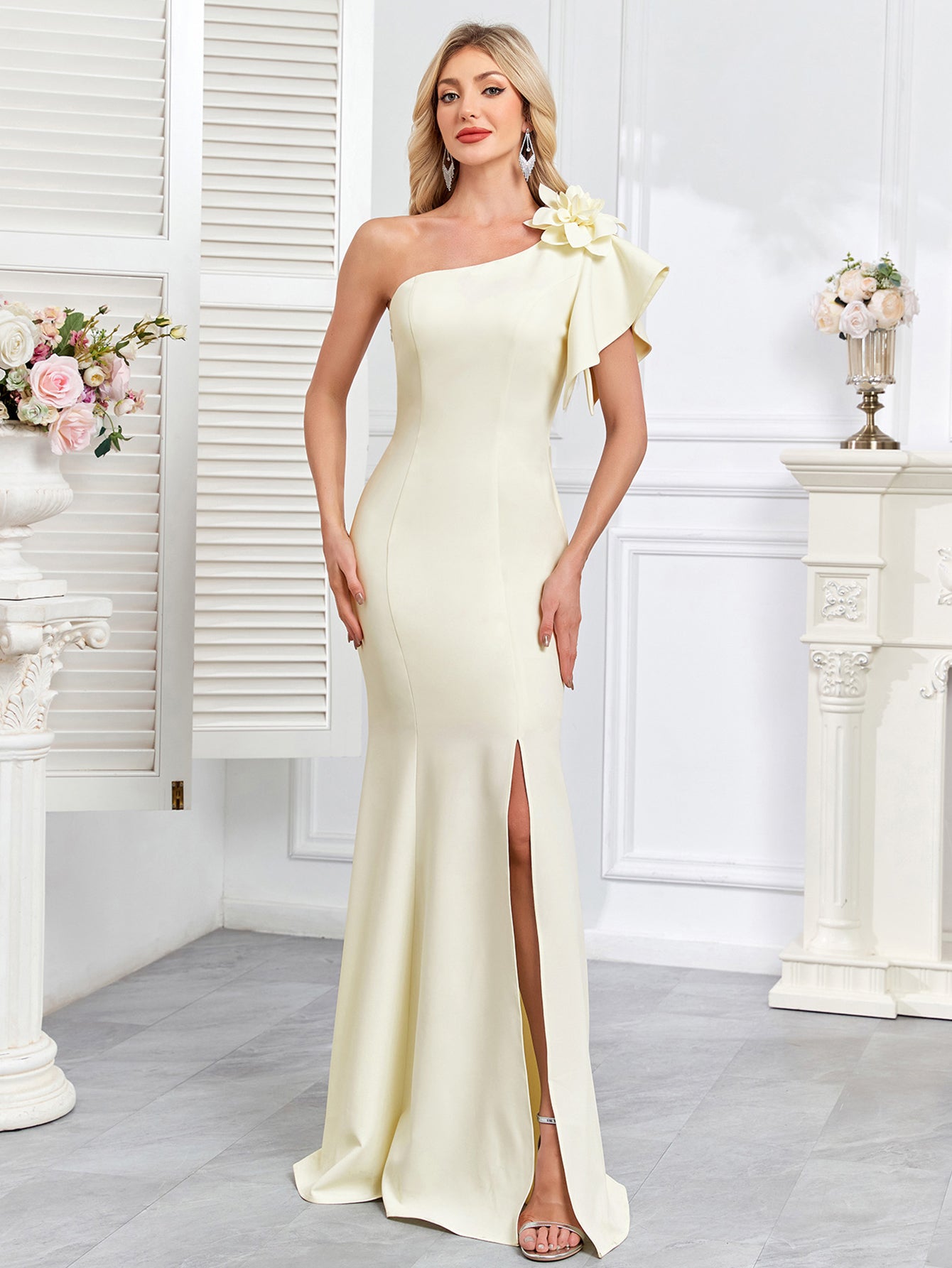 Cream One Shoulder Floral Mermaid Slit Evening Gown