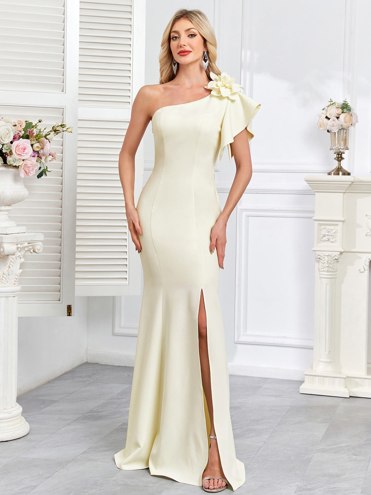 Cream One Shoulder Floral Mermaid Slit Evening Gown
