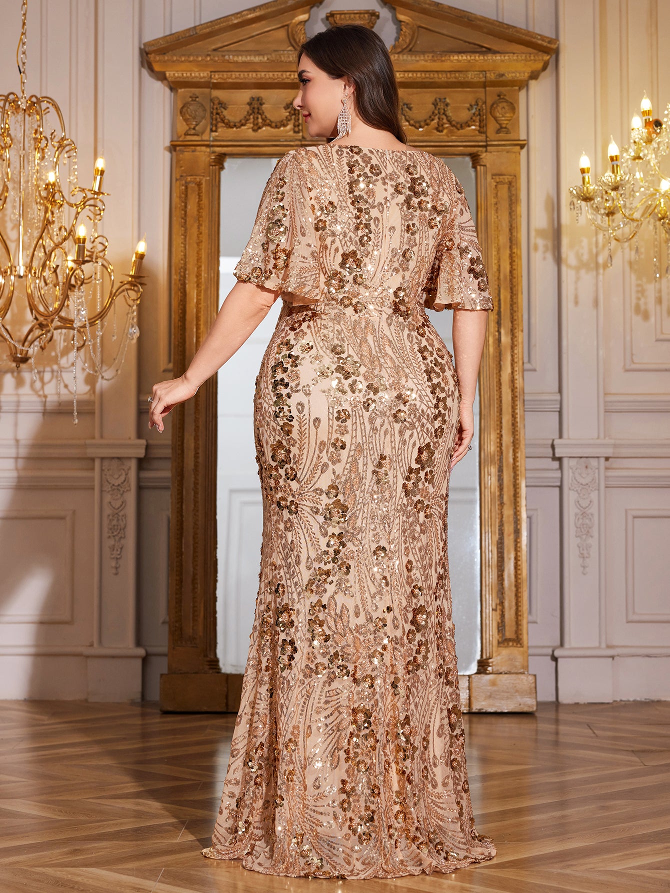 Champagne Gold Sequin Flutter Sleeve Mermaid Plus Size Evening Gown