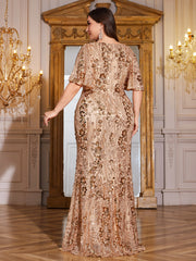 Champagne Gold Sequin Flutter Sleeve Mermaid Plus Size Evening Gown