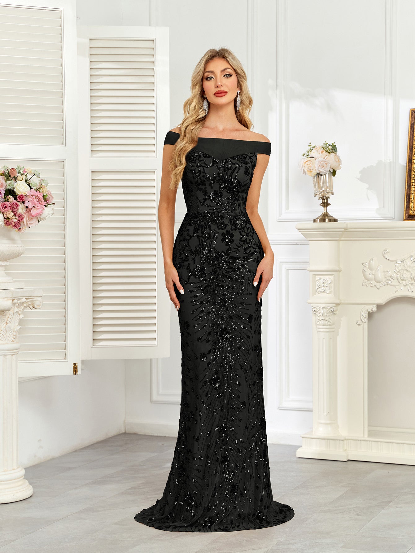 Royal Blue Sequin Off‑Shoulder Mermaid Evening Gown