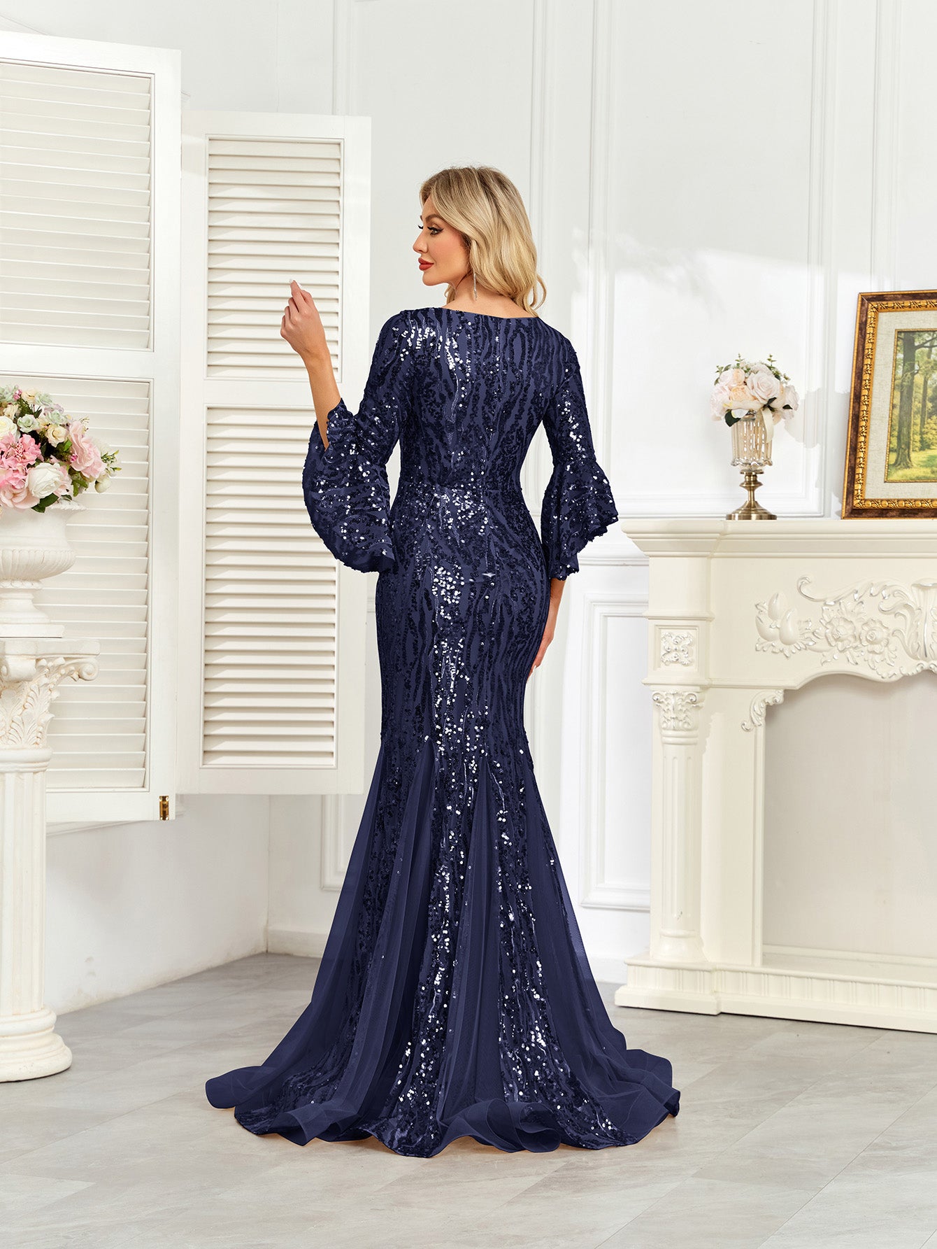 Champagne Gold Sequin Bell Sleeve Mermaid Evening Gown