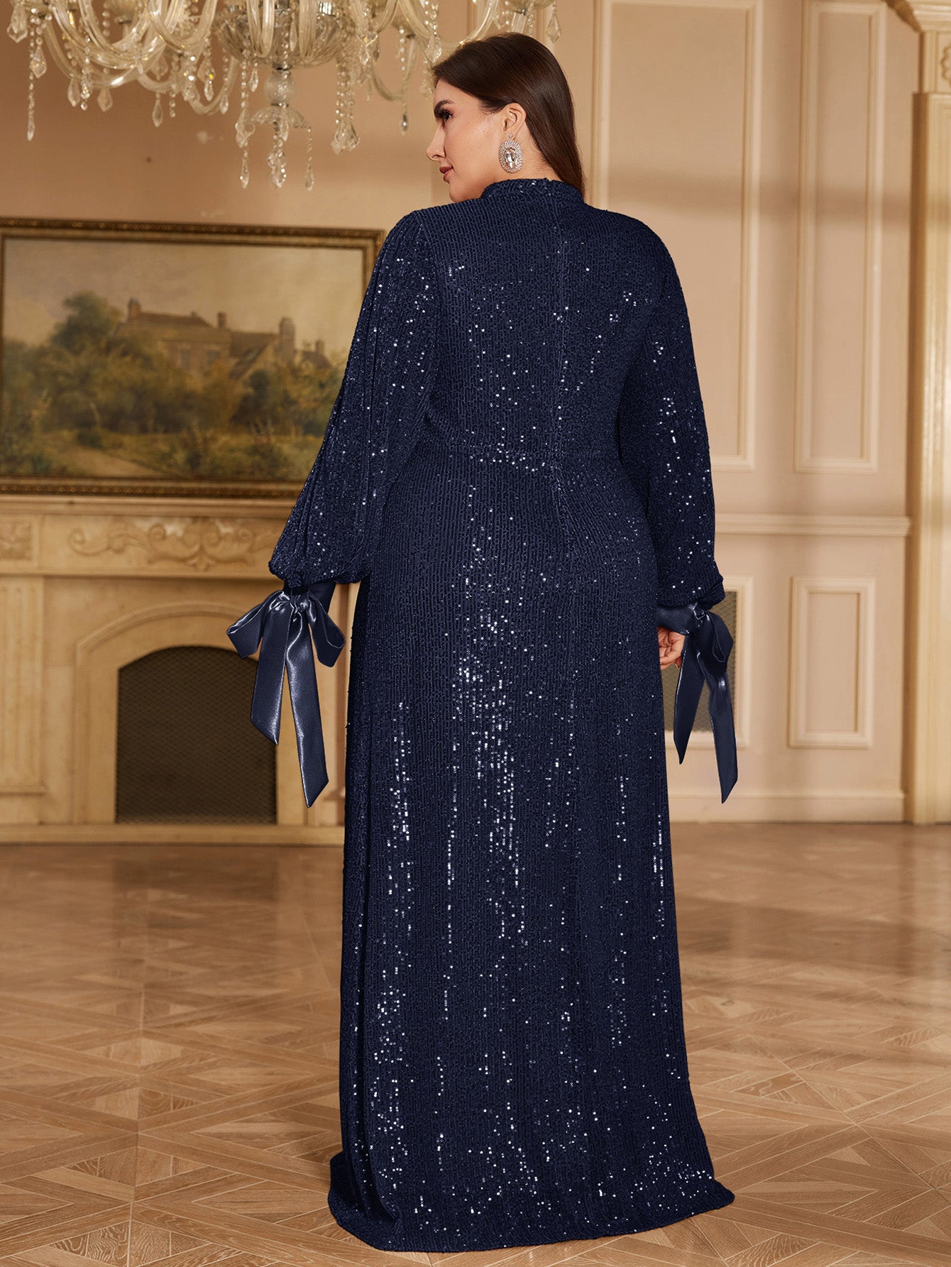 Champagne Bronze Floral Sequin Asymmetric Sleeve Mermaid Evening Gown