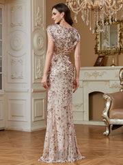Long Elegant V-Neck Sequined Bodycon Formal Maxi Dress