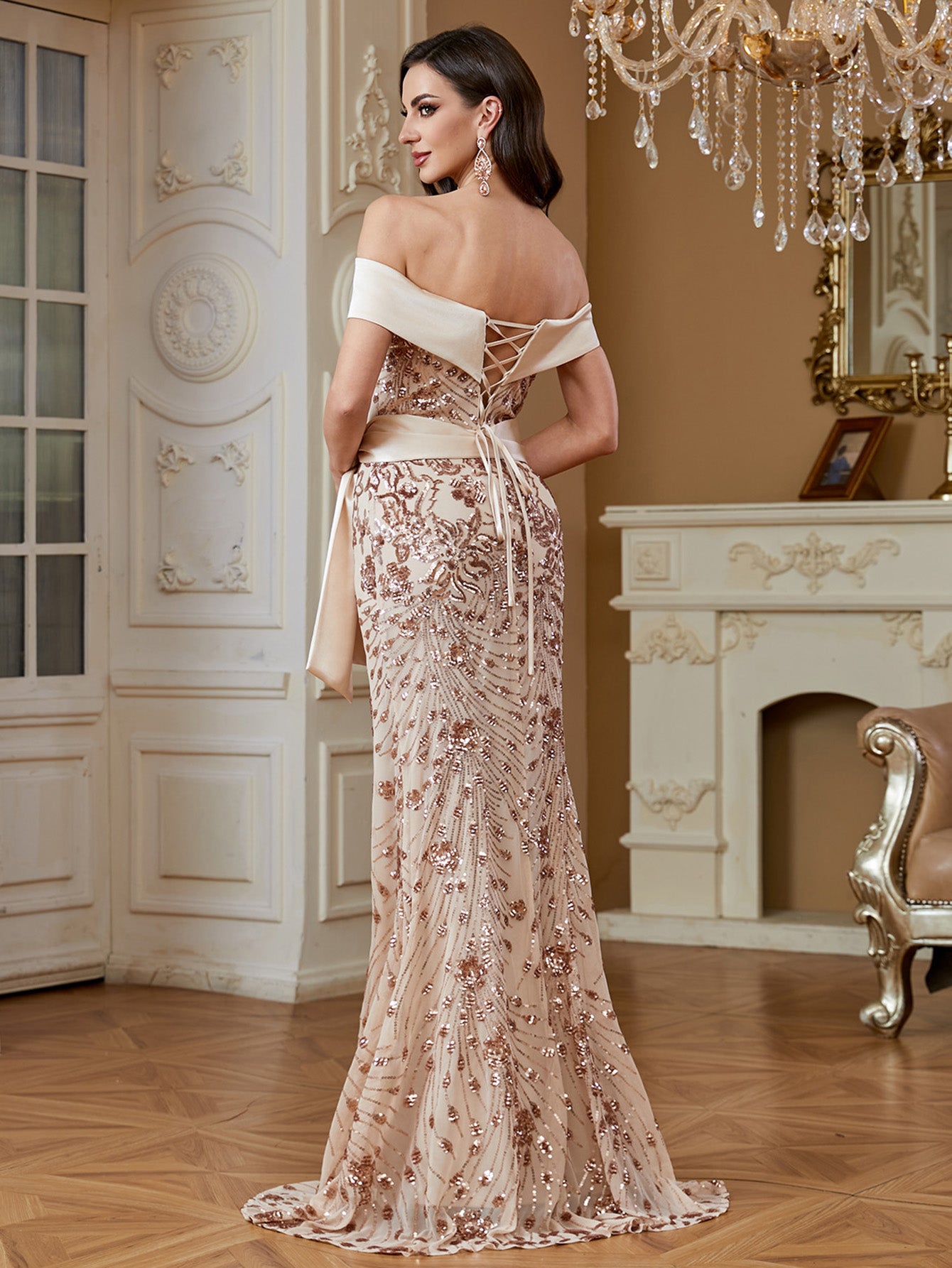 Champagne Sequin Satin Bow Off‑Shoulder Mermaid Dress
