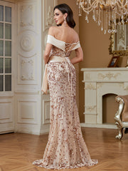 Champagne Sequin Satin Bow Off‑Shoulder Mermaid Dress