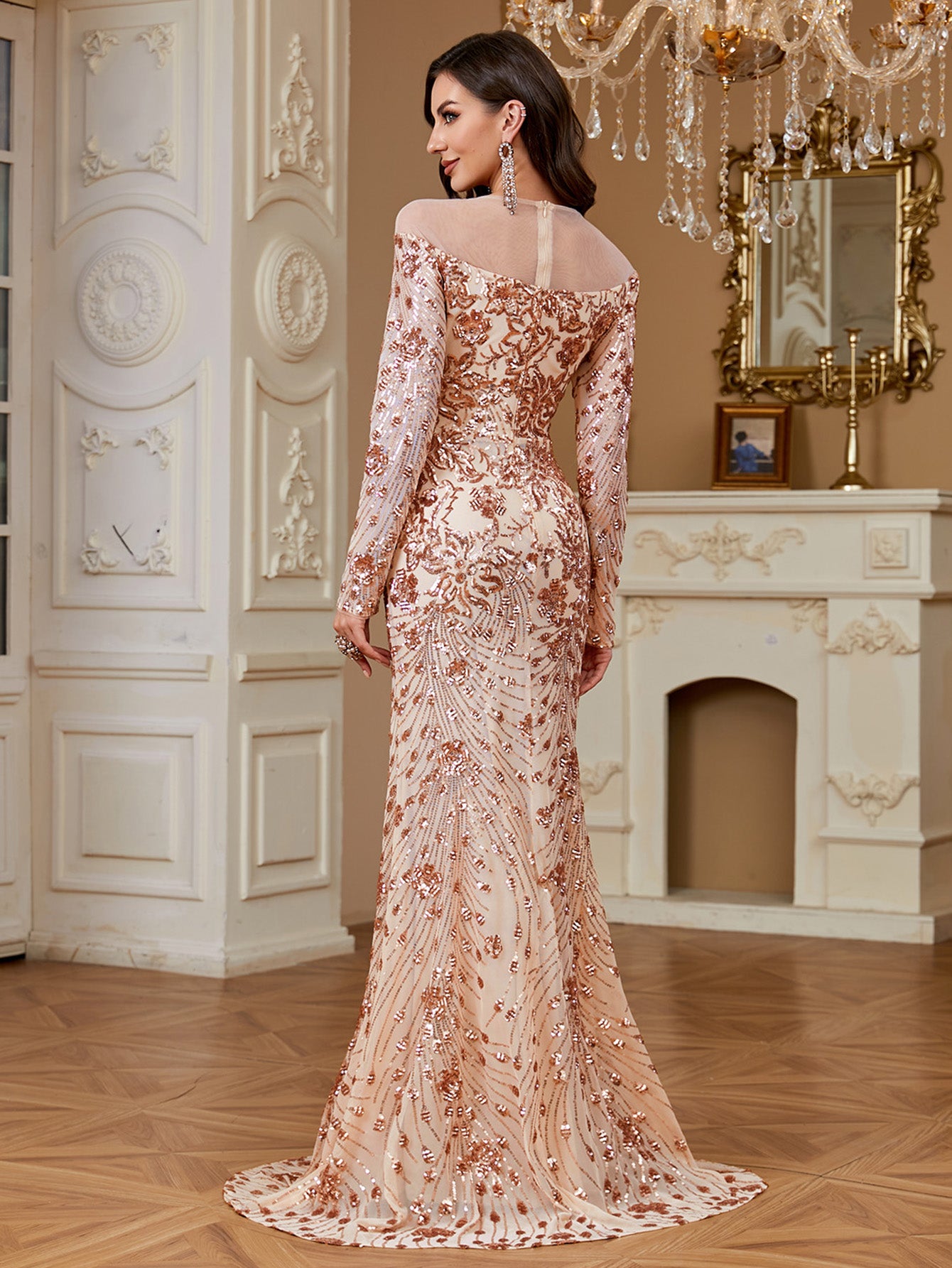Nude Rose Gold Floral Sequin Illusion Long Sleeve Mermaid Evening Gown