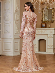 Nude Rose Gold Floral Sequin Illusion Long Sleeve Mermaid Evening Gown