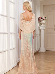 Champagne Ombre Sequin Cape Sleeve Mermaid Evening Gown