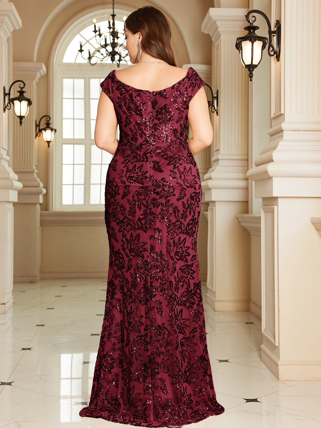 Navy Blue Floral Sequin Off‑Shoulder Sheath Maxi Gown