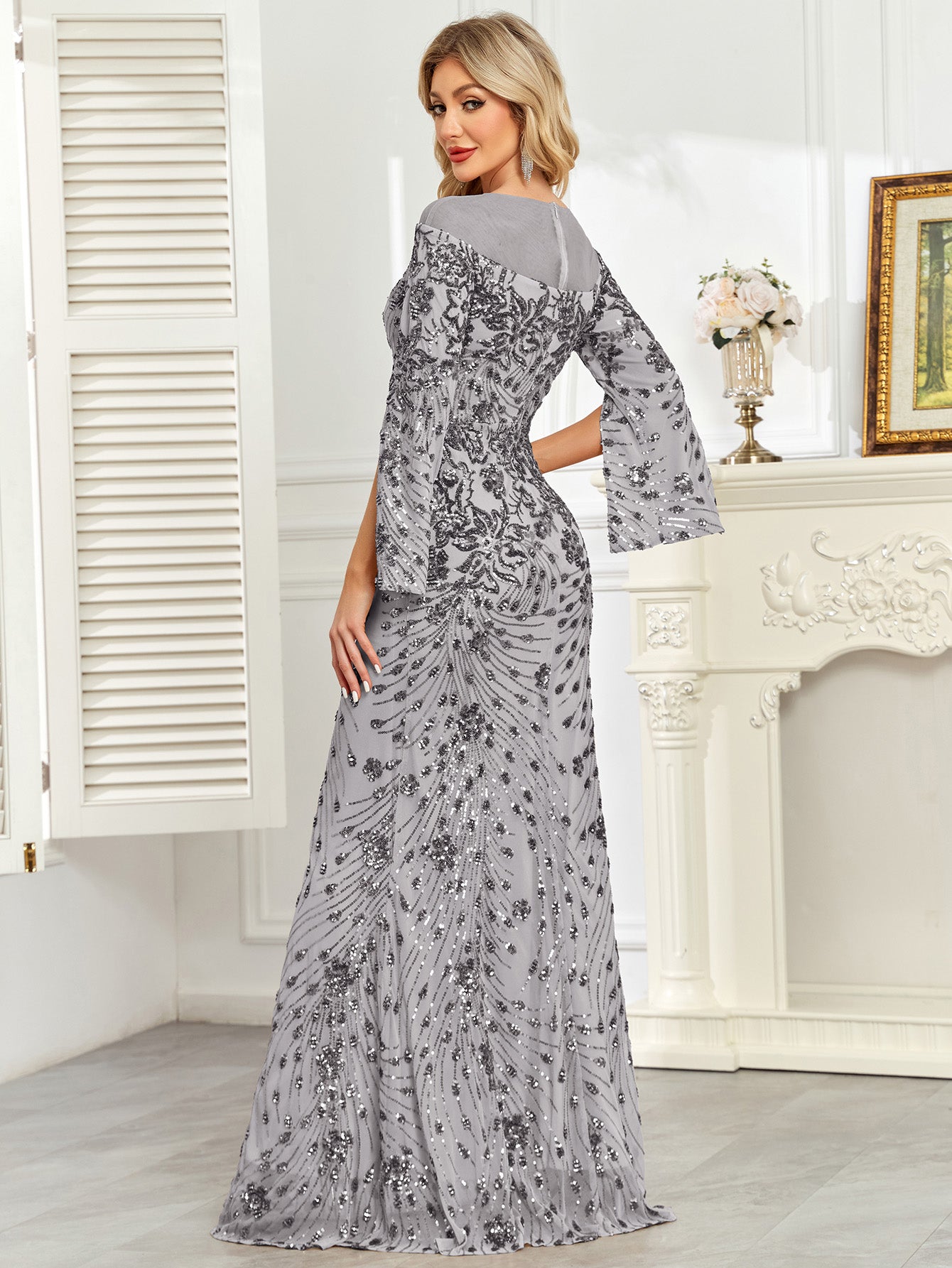 Royal Blue Sequin Split Flare‑Sleeve Mermaid Evening Gown