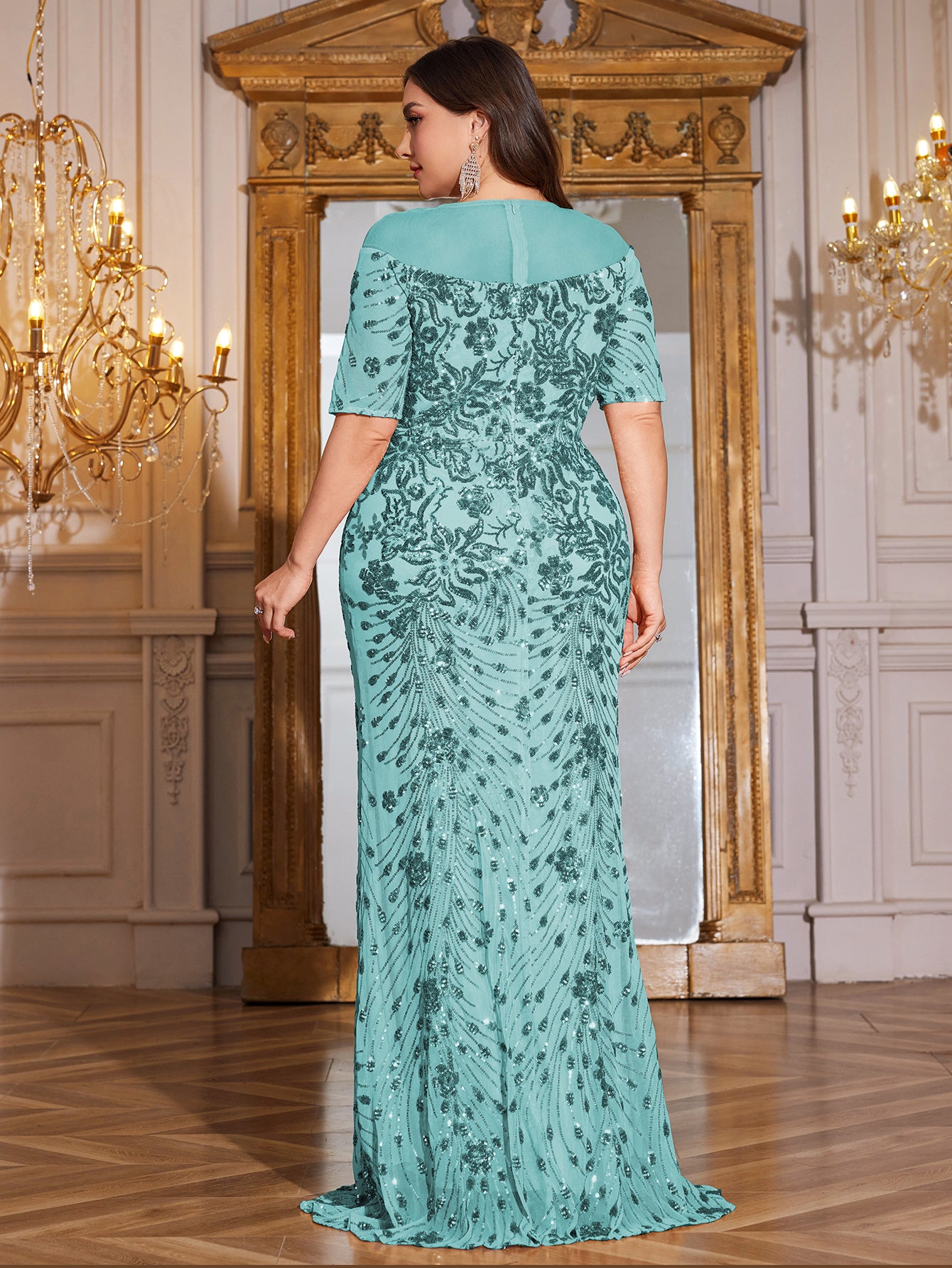 Teal Green Sequin Short Sleeve Mermaid Plus Size Evening Gown