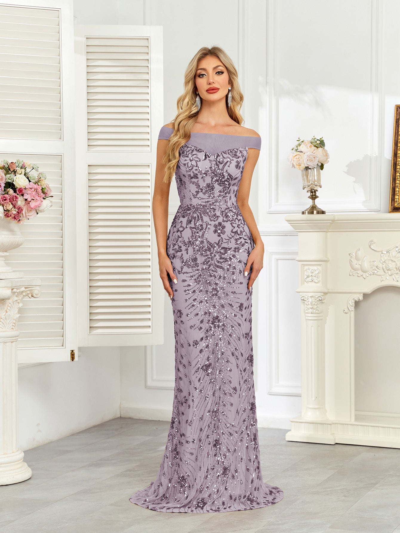 Royal Blue Sequin Off‑Shoulder Mermaid Evening Gown