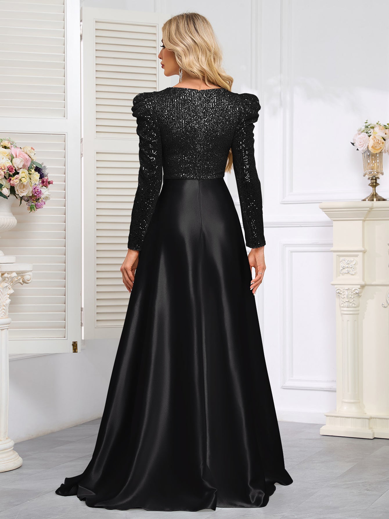 Dark Blue Satin Sequin Maxi Dress