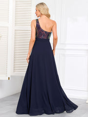 Navy Sequin One‑Shoulder A‑Line Maxi Evening Gown
