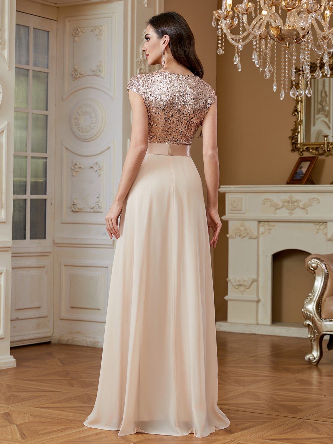 Champagne Sequin Cap Sleeve V Neck A Line Long Evening Dress