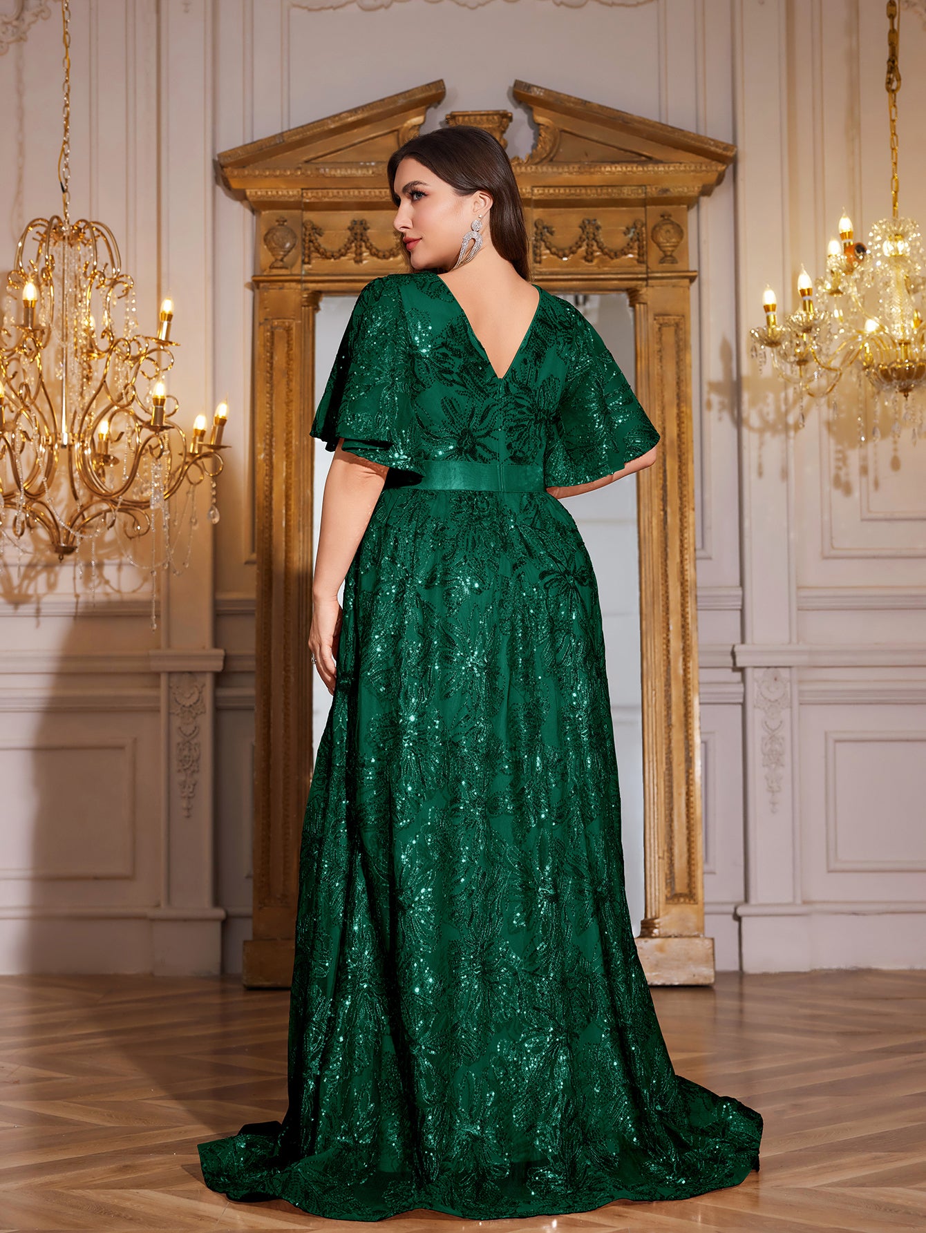 Rose Gold Sequin Flutter Sleeve Empire Waist A‑Line Plus Size Evening Gown