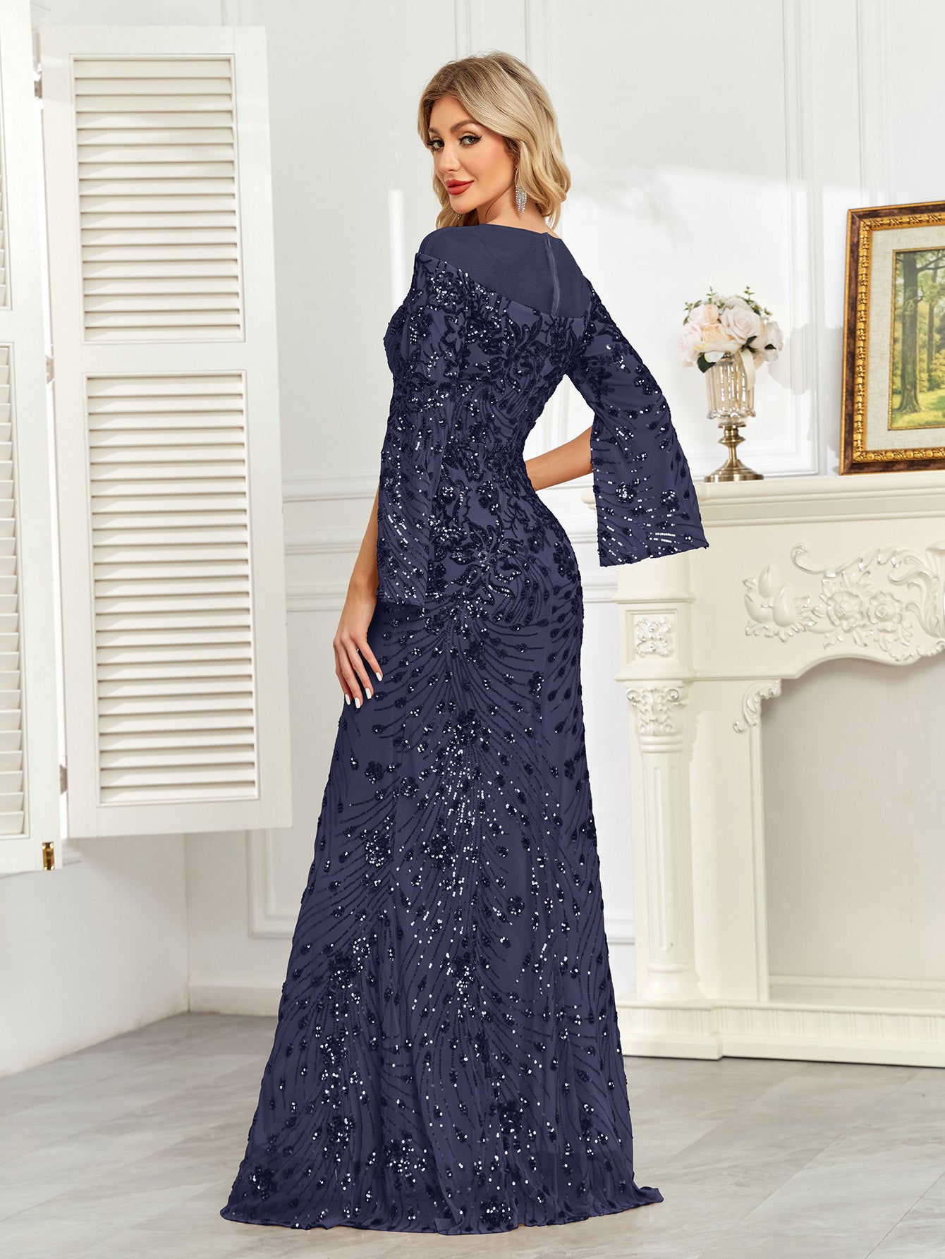 Royal Blue Sequin Split Flare‑Sleeve Mermaid Evening Gown