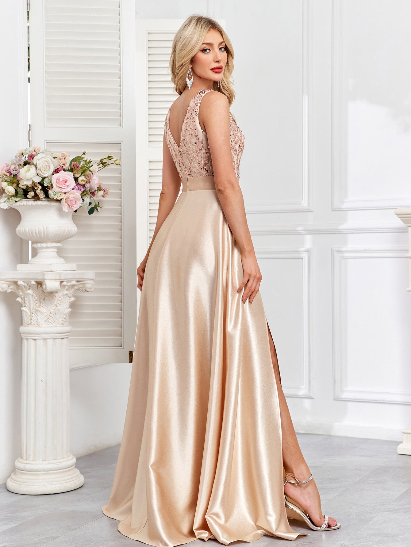 Champagne Sequin Satin Sleeveless High Slit A-Line Evening Gown