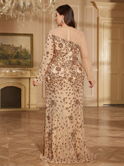 Champagne Bronze Floral Sequin Asymmetric Sleeve Mermaid Evening Gown