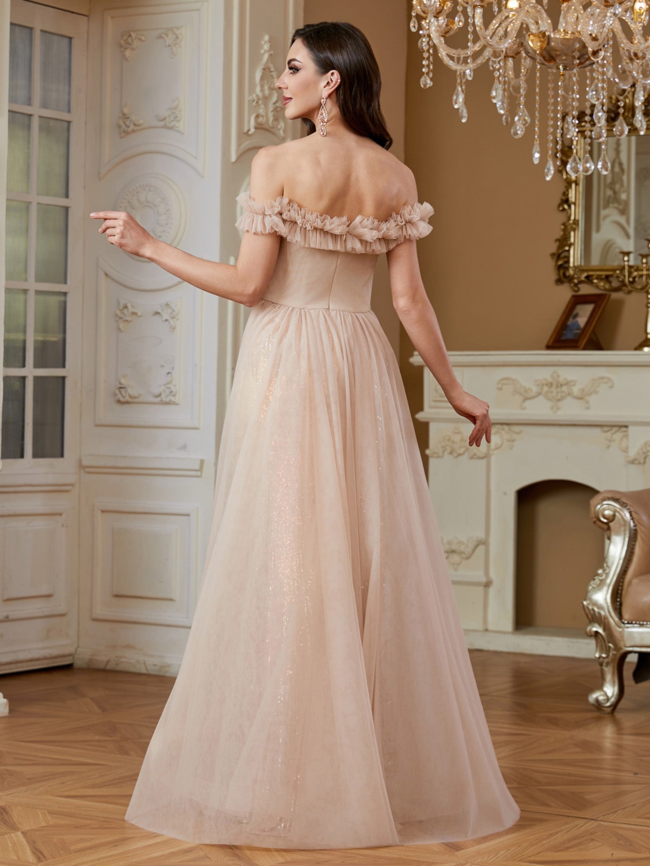 Nude Champagne Ruffle Off‑Shoulder Mermaid Evening Gown