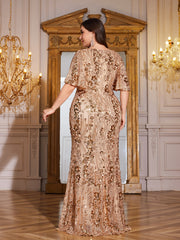Champagne Gold Sequin Flutter Sleeve Mermaid Plus Size Evening Gown