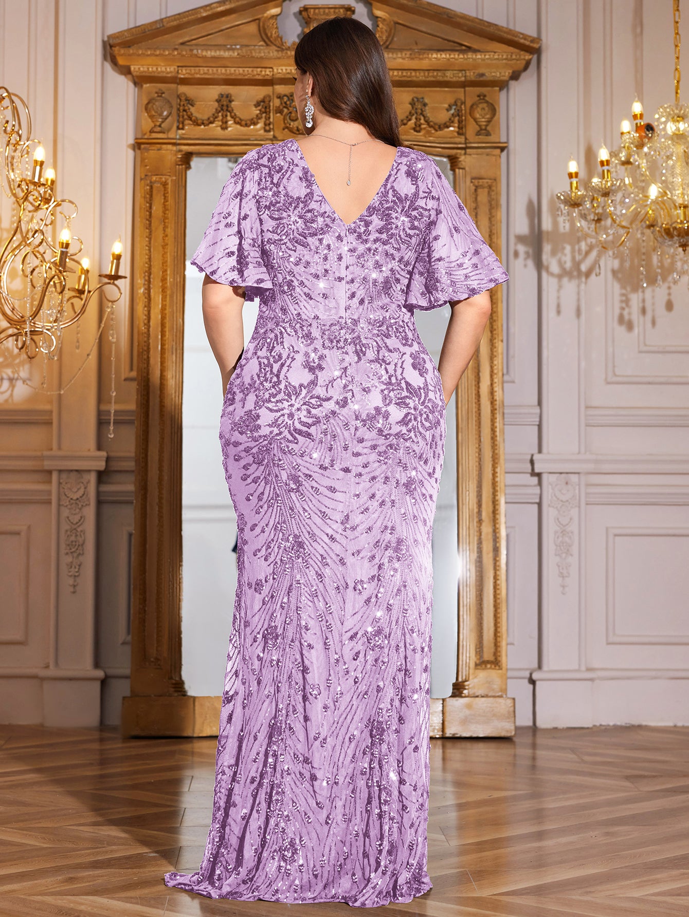 Royal Blue Sequin Flutter Sleeve Mermaid Evening Gown
