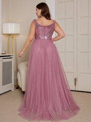 Dusty Rose Sequin Bodice A Line Plus Size Evening Gown