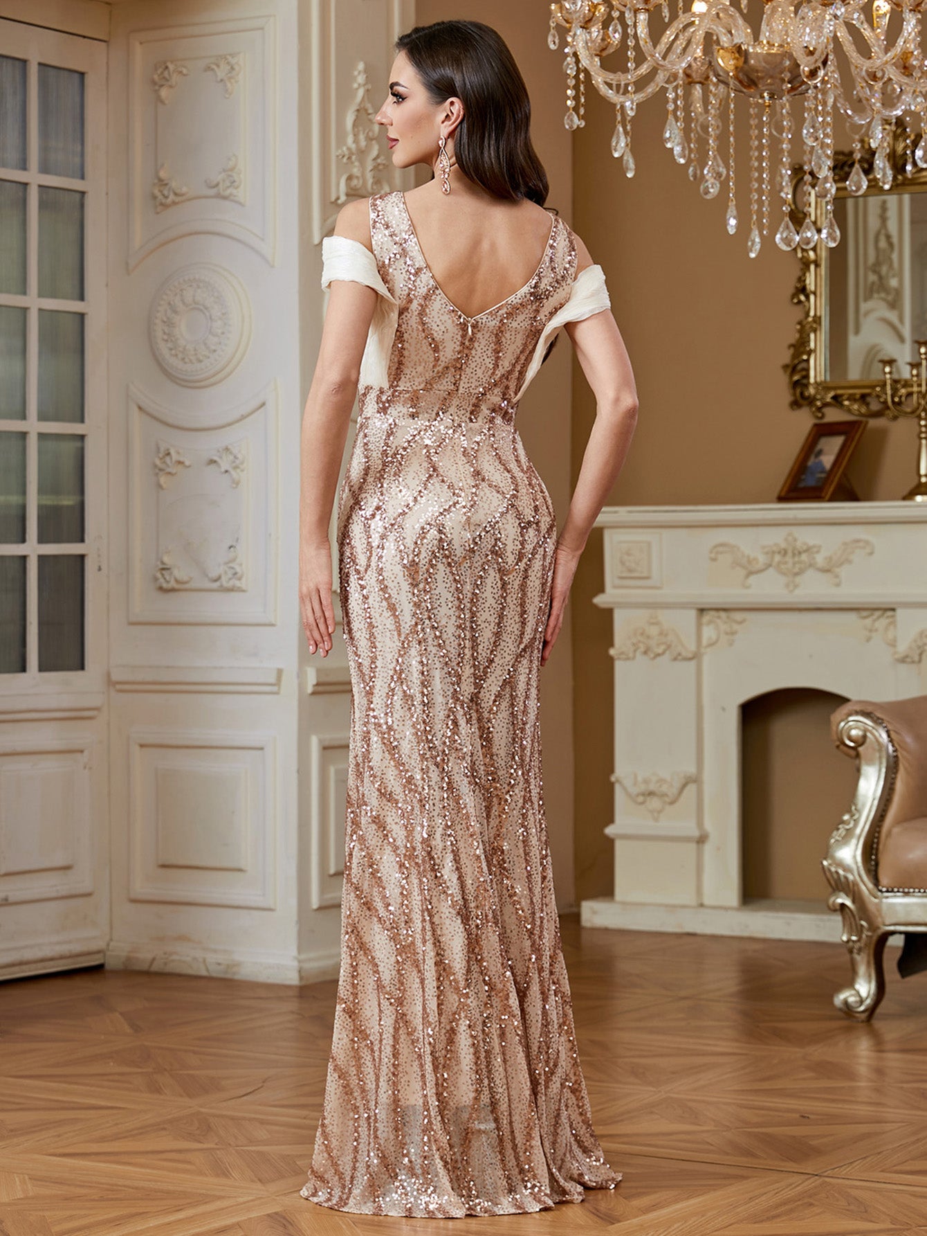 Champagne Rose Gold Wave Sequin Deep V Mermaid Formal Dress