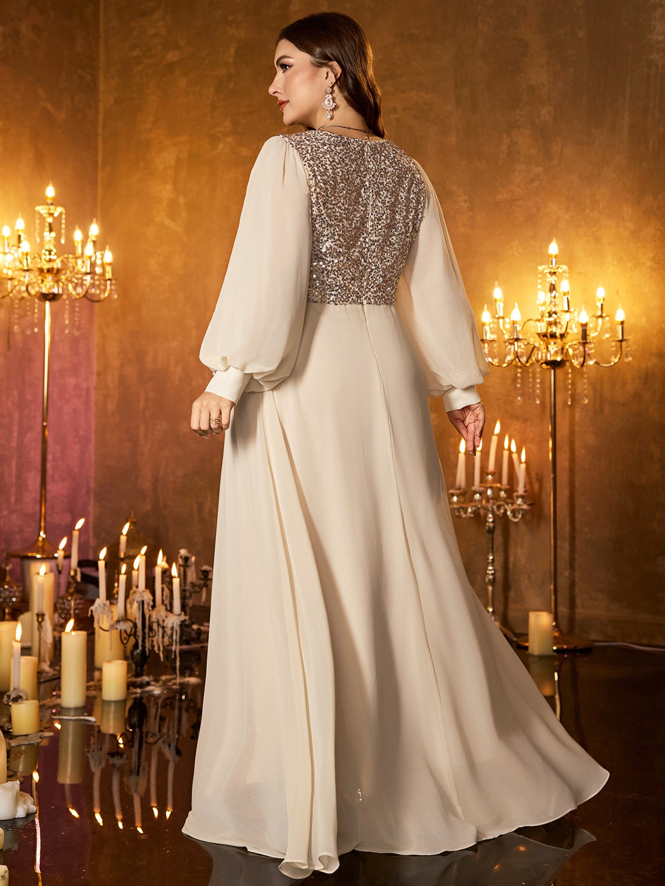 Off‑White Sheer Chiffon Lantern Sleeve Silver Beaded Waist Plus‑Size A‑Line Formal Dress