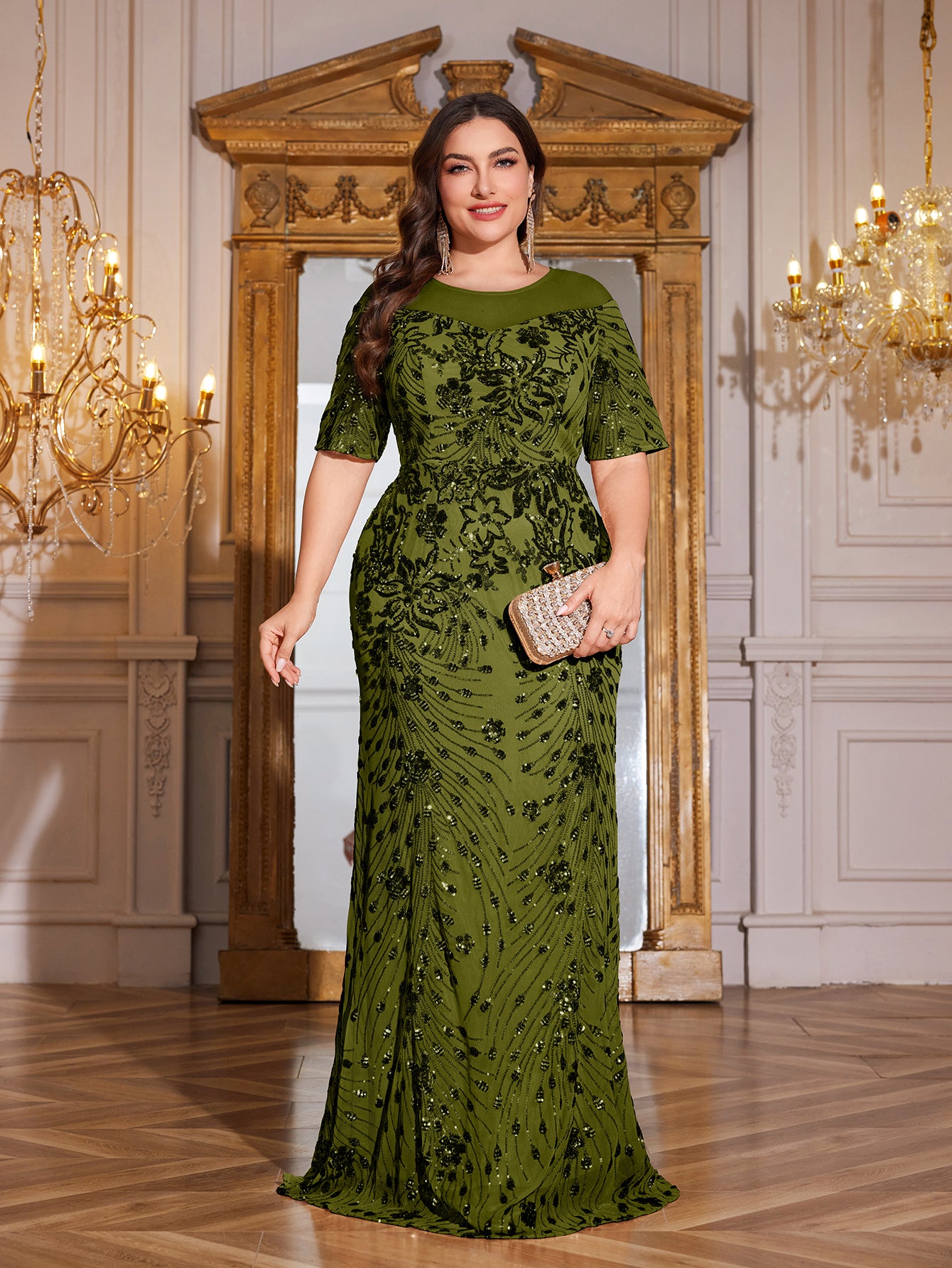 Teal Green Sequin Short Sleeve Mermaid Plus Size Evening Gown