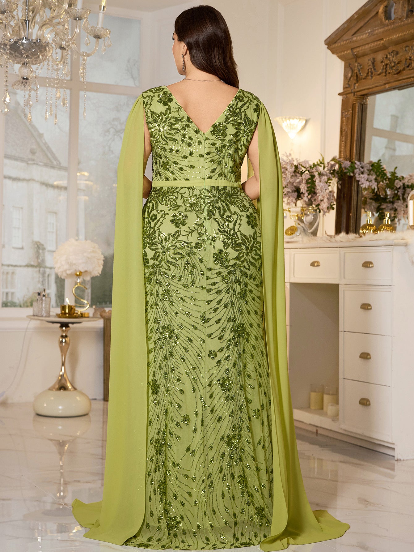 Avocado Green Floral Sequin V‑Neck Cape Sleeve Plus‑Size Mermaid Evening Gown