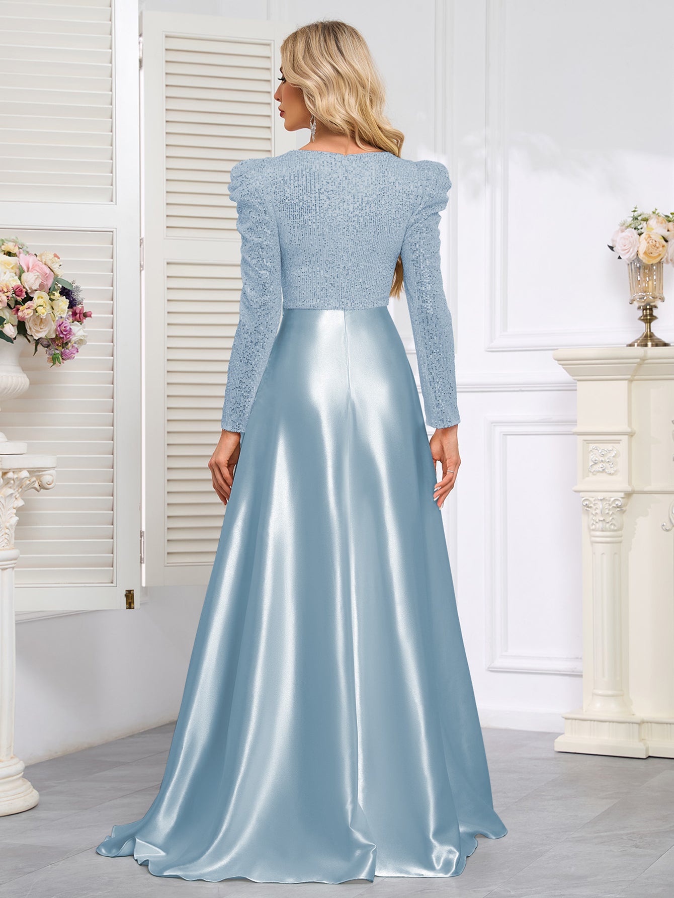Dark Blue Satin Sequin Maxi Dress