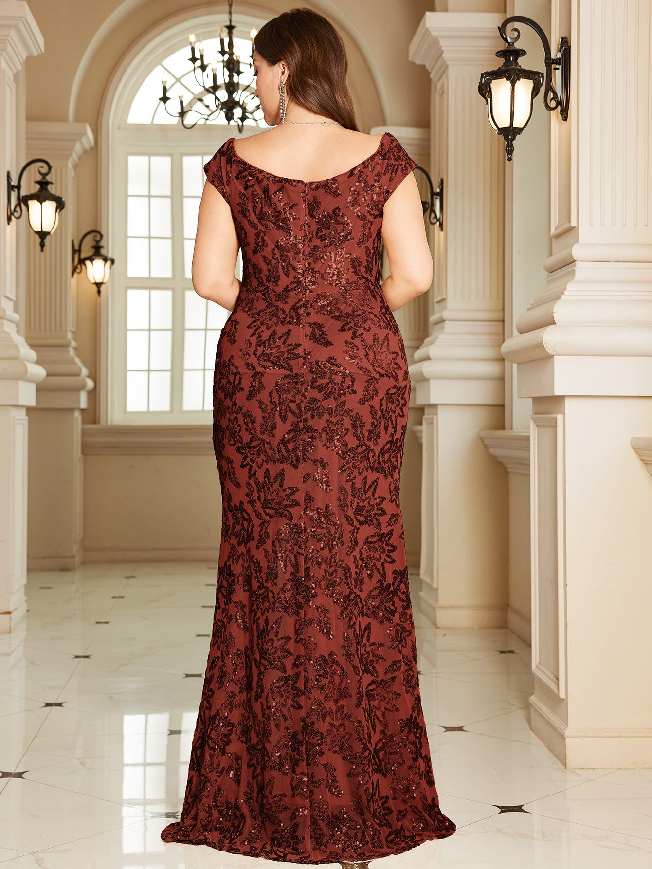 Navy Blue Floral Sequin Off‑Shoulder Sheath Maxi Gown