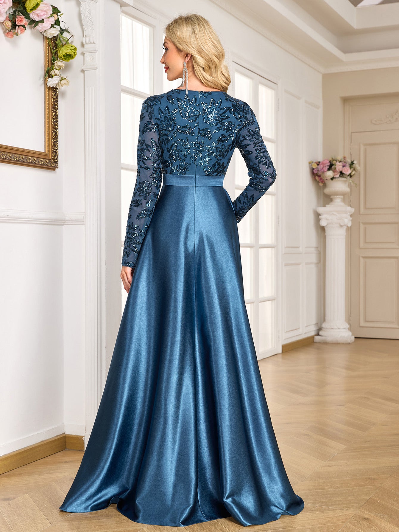Teal Blue Sequin Satin Long Sleeve High Slit A-Line Evening Gown