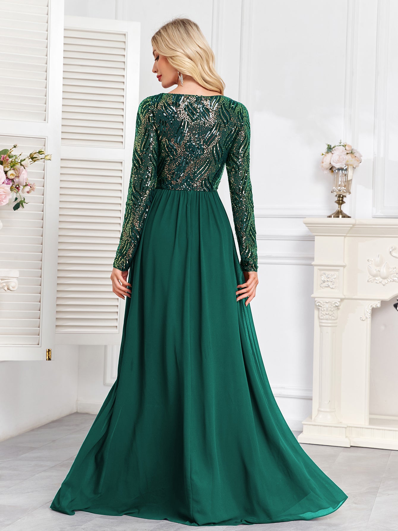 Navy Blue Multicolor Sequin Long Sleeve A‑Line Evening Gown