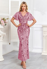 Champagne Gold Sequin Short Sleeve V Neck Midi Mermaid Evening Dress